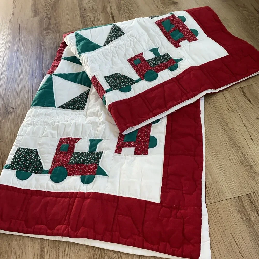 Vintage-Style Christmas Train Quilt - Extra Long Bed/Table Runner (46